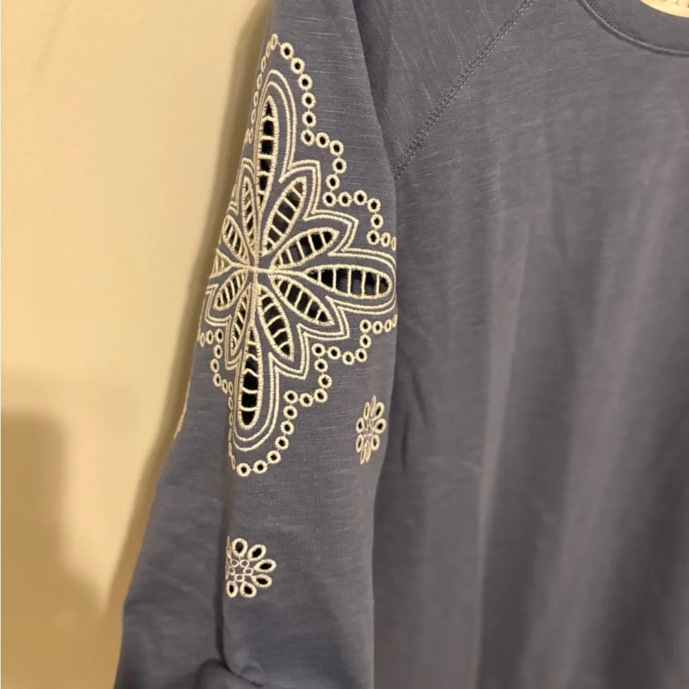 Plus-size Blue sweatshirt with open embroidery on sleeves Joie and I - Picture 3 of 4